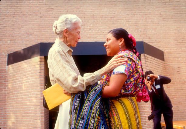 Dominique de Menil greets Rigoberta Menshu at the Rothko Chapel in Houston, Texas