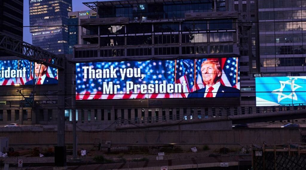 A banner with a picture of US President Donald Trump and the message 'Thank you, Mr President' was placed on a highway in Tel Aviv
