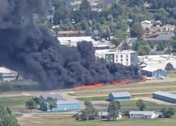 A small plane collides with another plane standing on the runway at Kalispell Airport in Montana, USA, video goes viral