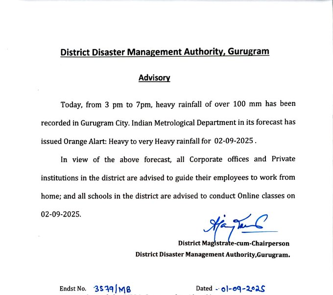 Orange alert for heavy rain in Gurugram today, WFH in offices and online classes in schools